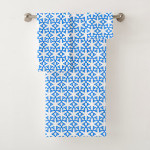 Azure Blue Geometic Flower Tile Bath Towel Set