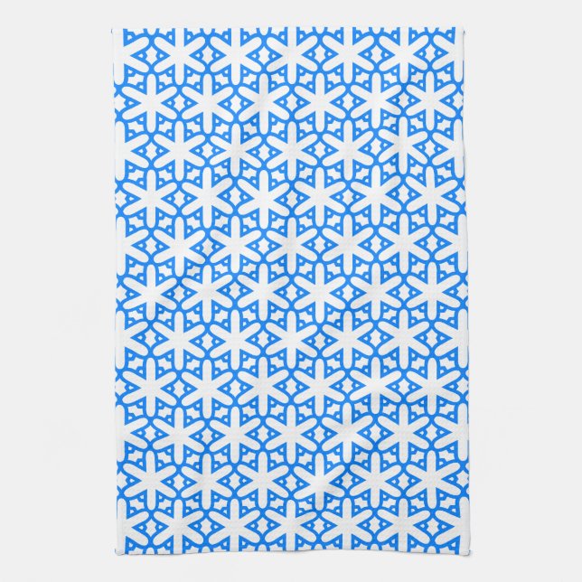 Azure Blue Geometic Flower Tile Tea Towel (Vertical)