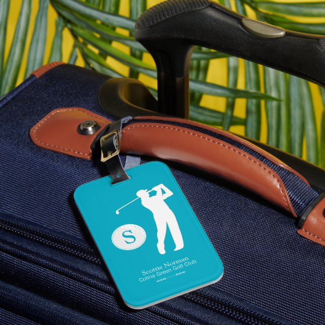 Azure Blue Personalised Golfer Monogram  Luggage Tag (Front Insitu 1)