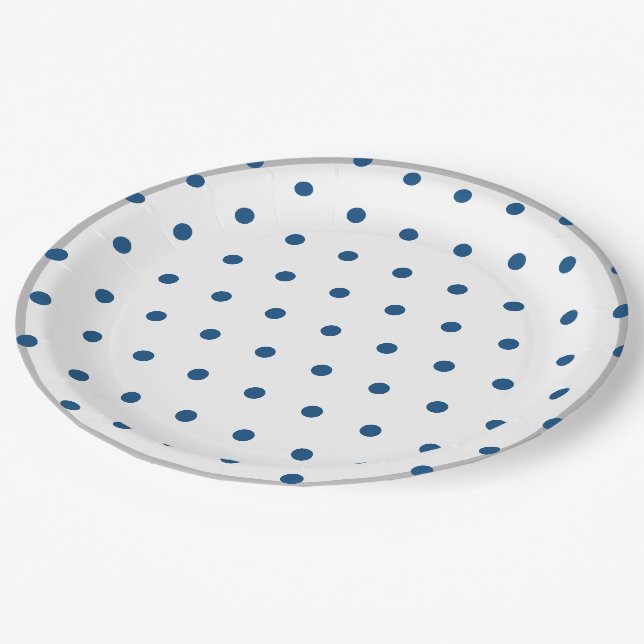 Azure Blue Polka Dots Silver White Paper Plate (Angled)