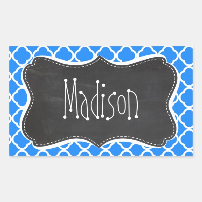 Azure Blue Quatrefoil; Retro Chalkboard Rectangular Sticker (Front)
