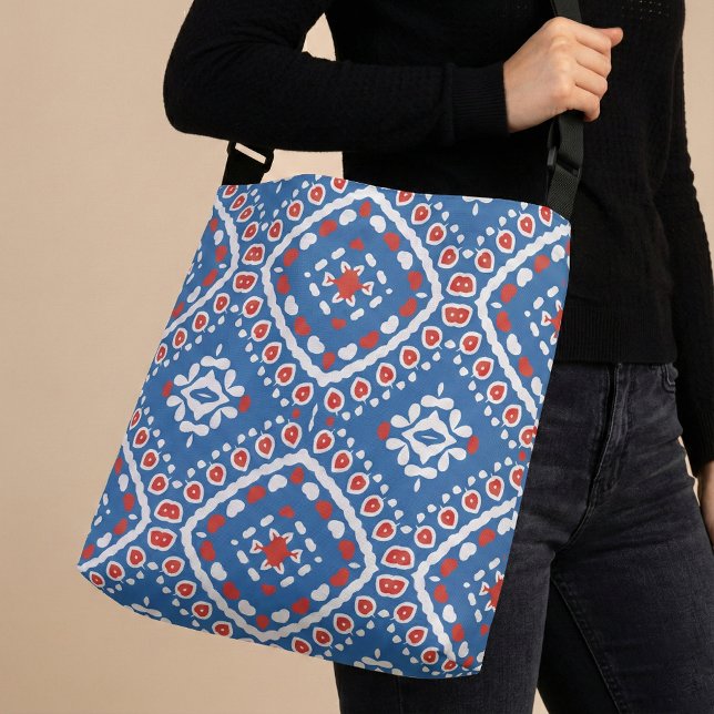 Azure Blue Red and White Ethnic Bohemian Pattern Crossbody Bag (Creator Uploaded)