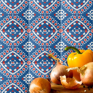Azure Blue Red and White Ethnic Bohemian Pattern Tile