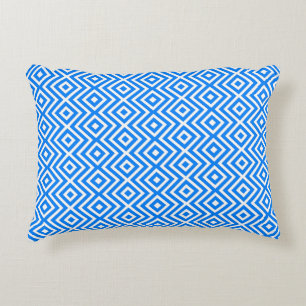 Azure Blue Retro Geo Diamonds Decorative Cushion