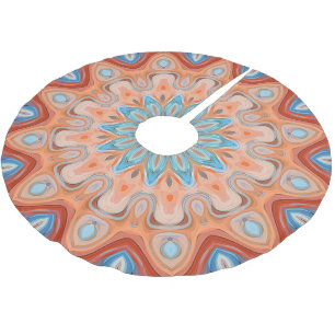 Azure Blue Turquoise Orange Mandala Star Pattern Brushed Polyester Tree Skirt