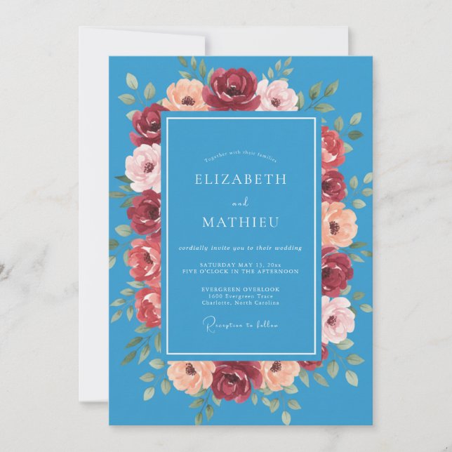 Azure Blue Vivid Floral Wedding Invitation (Front)