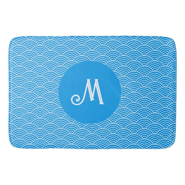 Azure Blue Wave Pattern Monogrammed Bath Mat (Front)