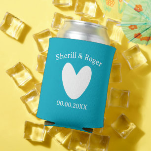 Azure blue wedding can cooler with cute heart
