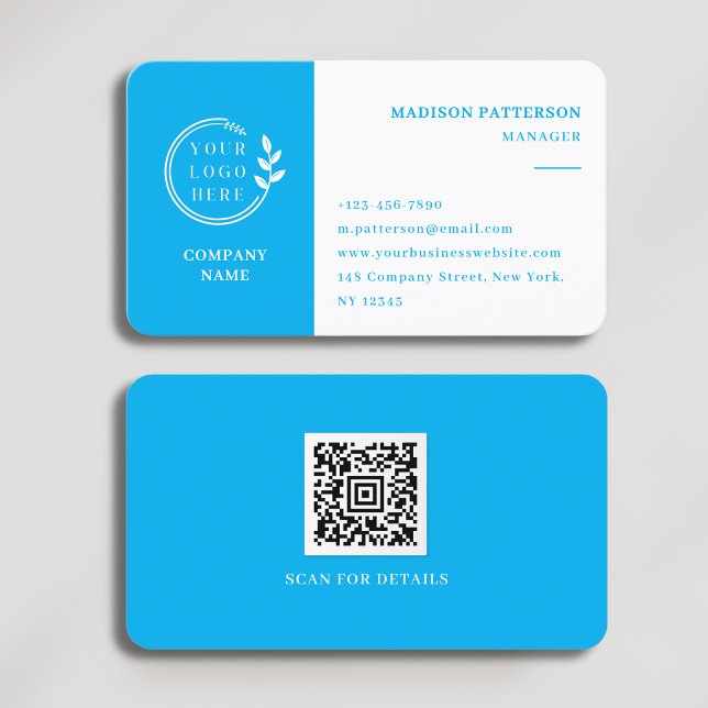 Azure Blue White Logo QR Code Minimalist Modern Business Card (Creator Uploaded)