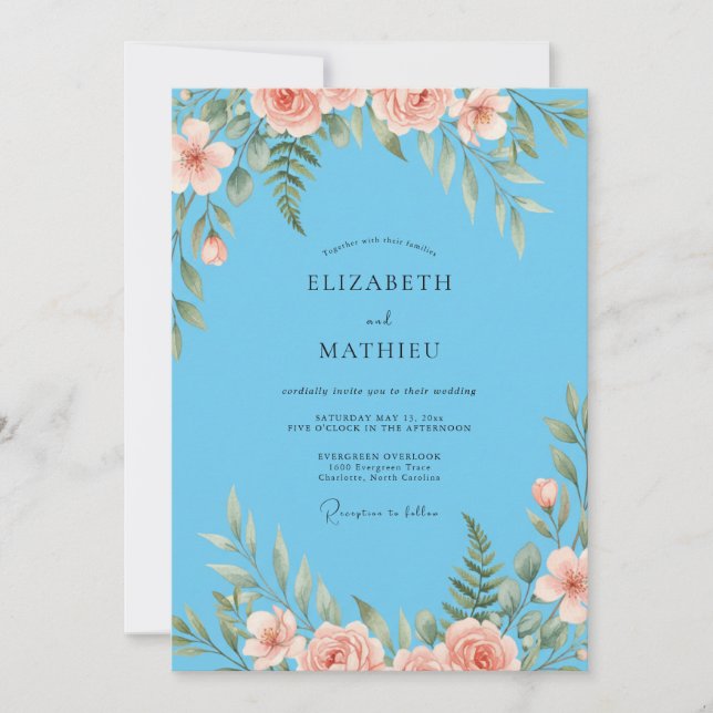 Azure Blush Coral Painted Wedding Invitation (Front)