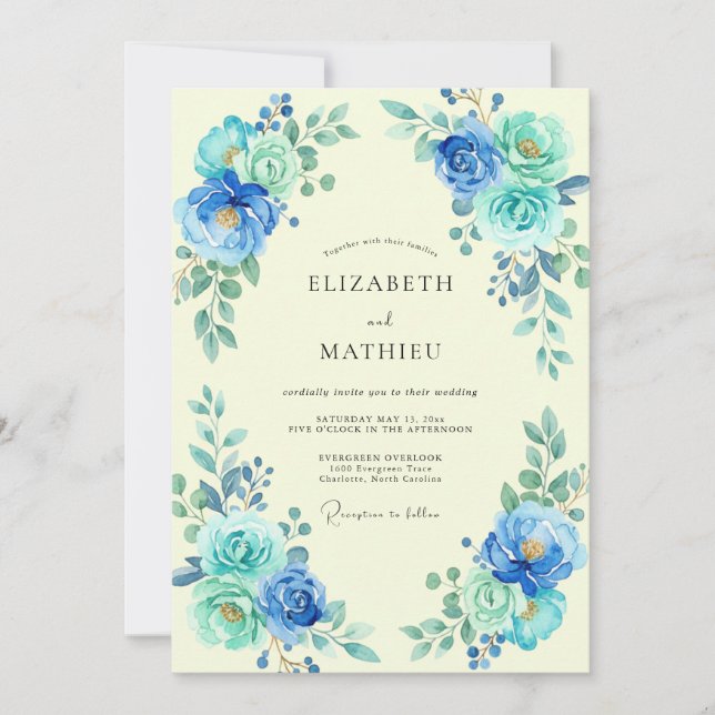 Azure Cerulean Ranunculus Eucalyptus Wedding Invitation (Front)
