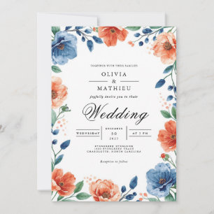 Azure Coral Botanical Flourish Wedding Invitation