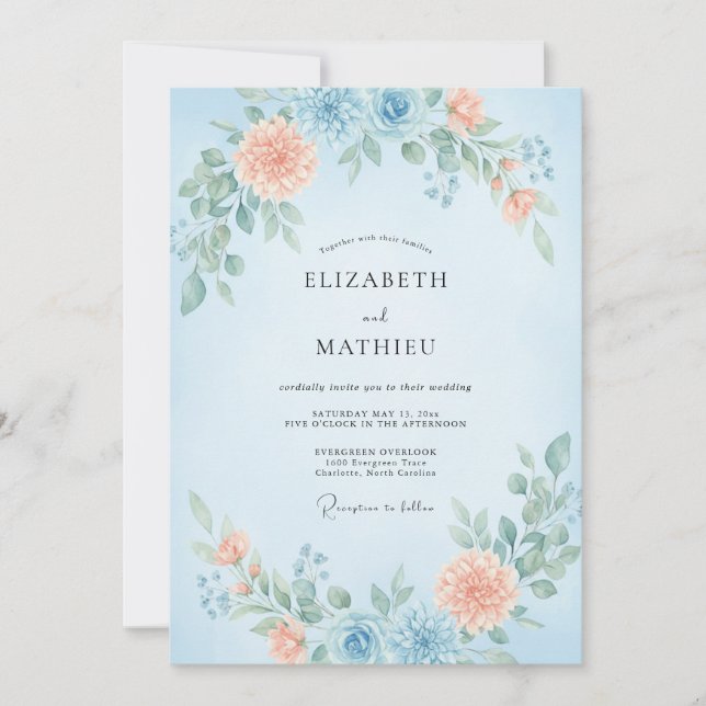 Azure Coral Wildflower Wedding Invitation (Front)