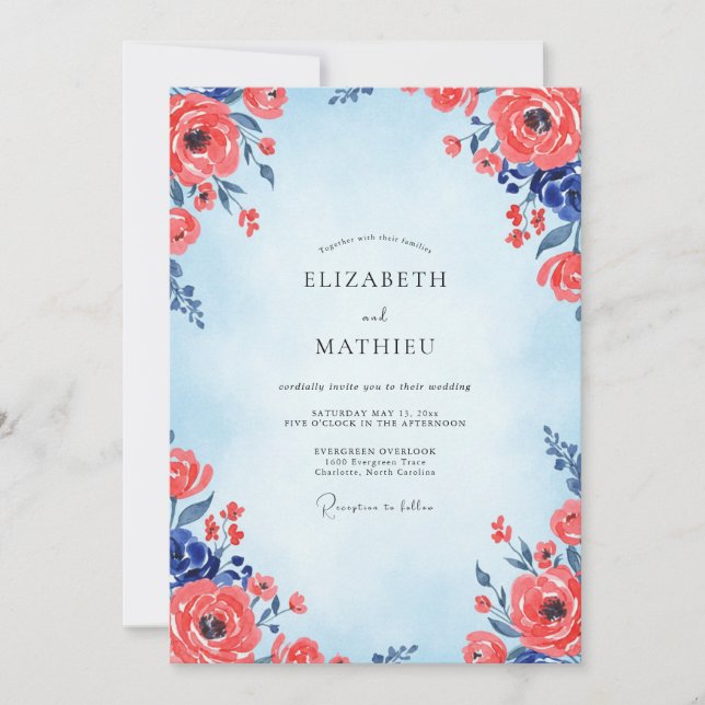 Azure Crimson Poppy Wedding Invitation (Front)