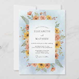 Azure Dusty Coral Wildflower Wedding Invitation