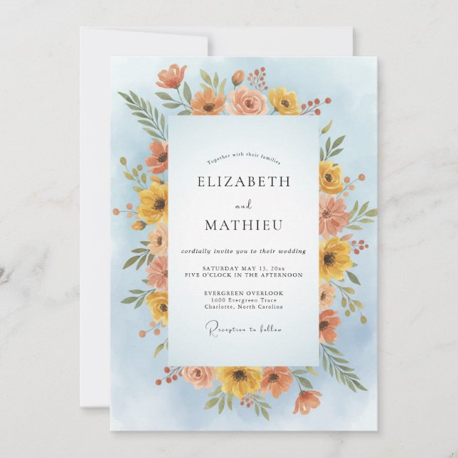 Azure Dusty Coral Wildflower Wedding Invitation (Front)