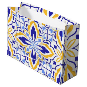 Azure Elegance  Blue and Gold Floral Mosaic Large Gift Bag