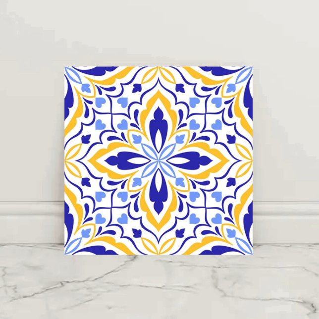 Azure Elegance  Blue and Gold Floral Mosaic Tile (Creator Uploaded)