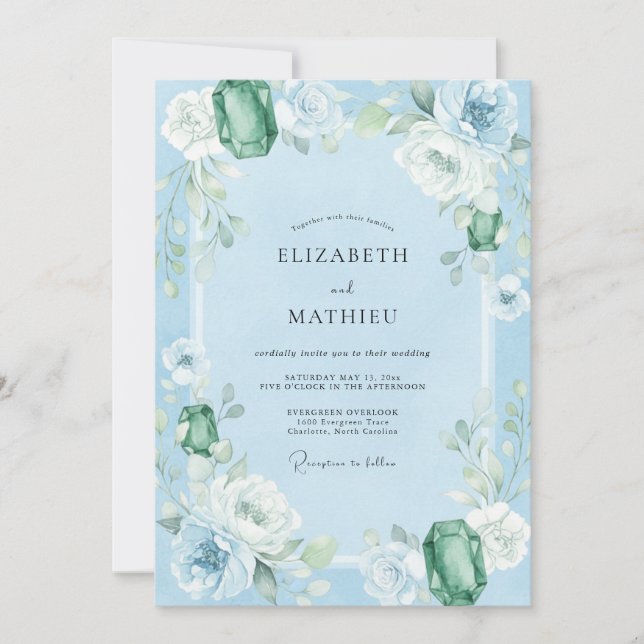 Azure Emerald Gemstone Eucalyptus Wedding Invitation (Front)