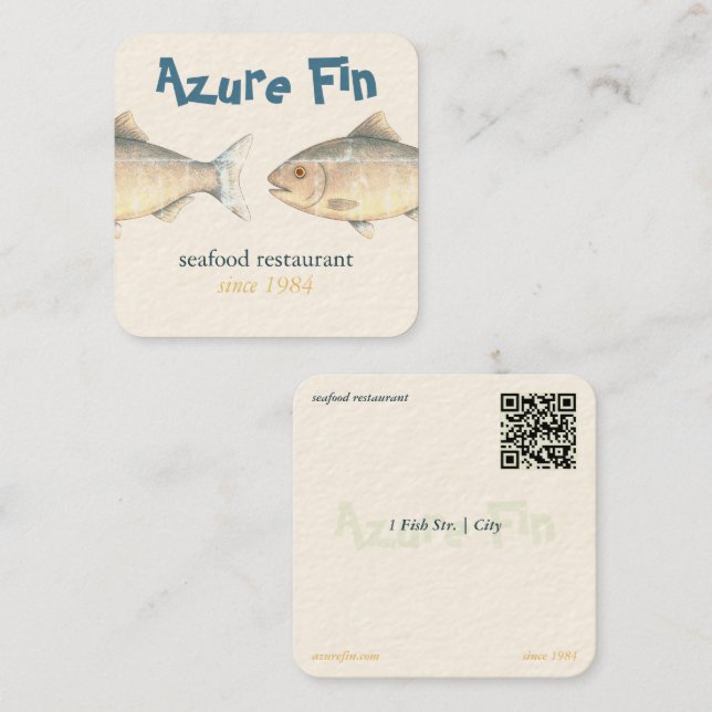 Azure Fin Elegant Fish Restaurant Logo Square Business Card (Front/Back)