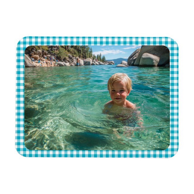 Azure Gingham Plaid Family Photo Magnet (Horizontal)
