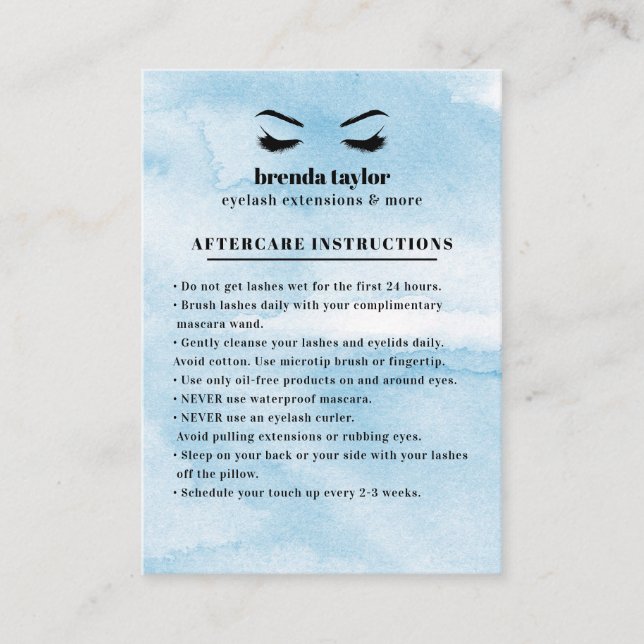 Azure Glam Eyelash Browbar Aftercare Instructions Business Card (Front)