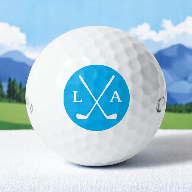 Azure Golfer Initials and Clubs Golf Balls (Creator Uploaded)