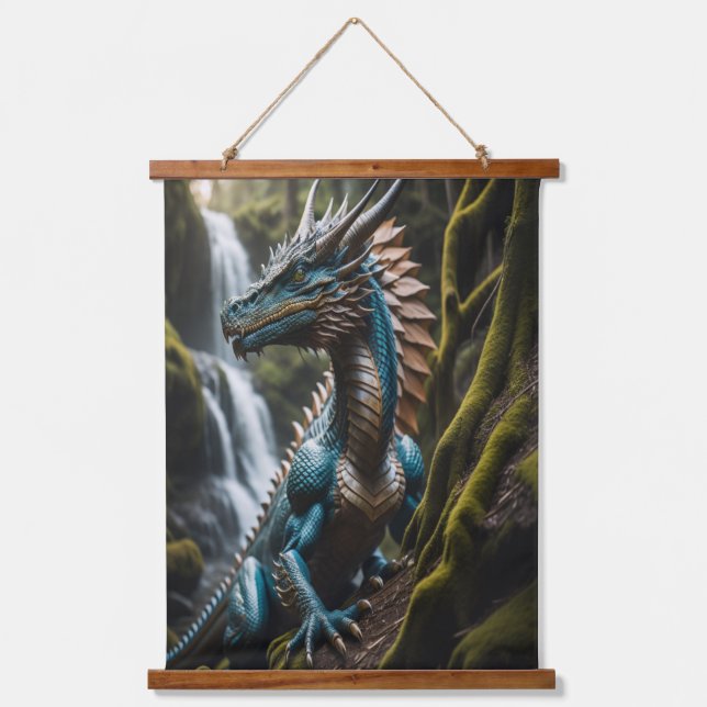 Azure Guardian Enchanted Falls Dragon Fantasy Hanging Tapestry (Front)