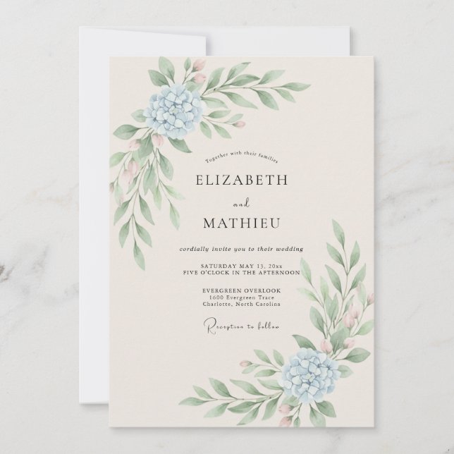 Azure Hydrangea Foliage Eucalyptus Wedding Invitation (Front)
