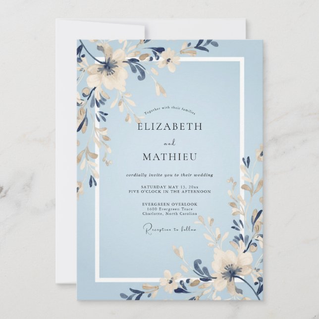 Azure Indigo Petal Wedding Invitation (Front)