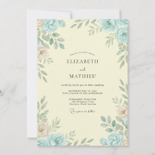 Azure Ivory Cream Leafy Wedding Invitation