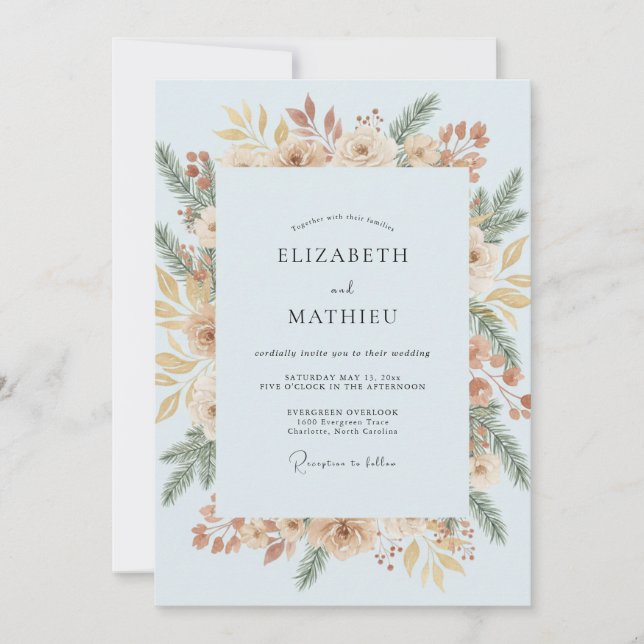 Azure Leafy Blossom Wedding Invitation (Front)