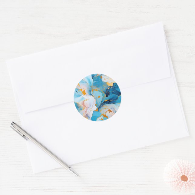 Azure Marble with Golden Splashes Classic Round Sticker (Envelope)