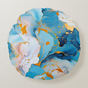 Azure Marble with Golden Splashes Round Cushion