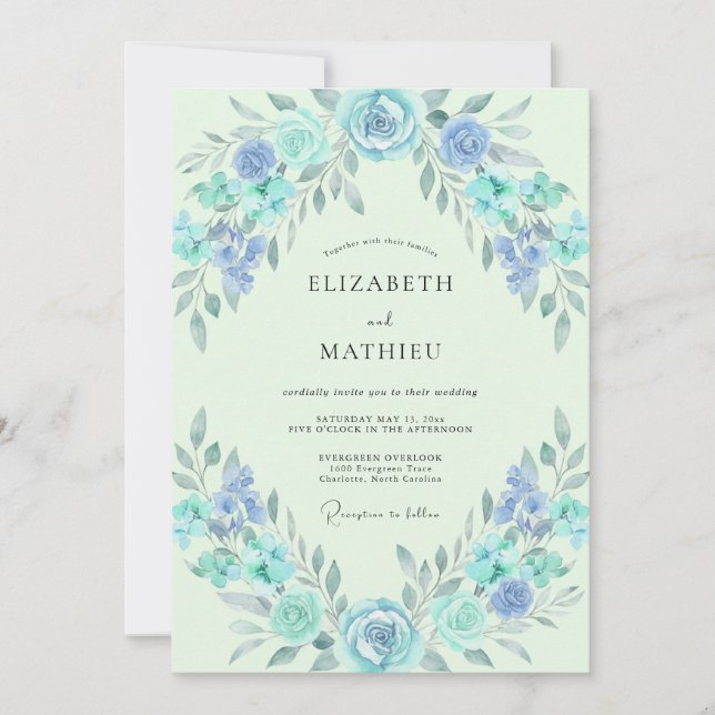 Azure Mint Wreath Wedding Invitation (Front)