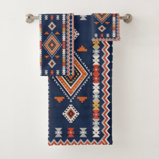 Azure Navy and Terracotta Geometric Tribal Bath Towel Set