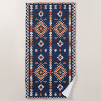 Azure Navy and Terracotta Geometric Tribal Beach Towel