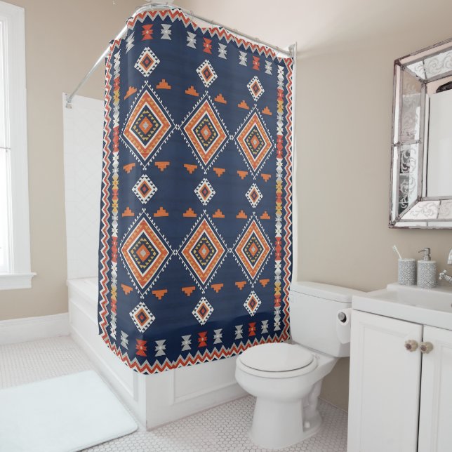 Azure Navy and Terracotta Geometric Tribal Shower Curtain (In Situ)