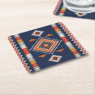 Azure Navy and Terracotta Geometric Tribal Square Paper Coaster