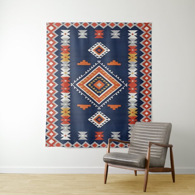 Azure Navy and Terracotta Geometric Tribal Tapestry (In Situ)