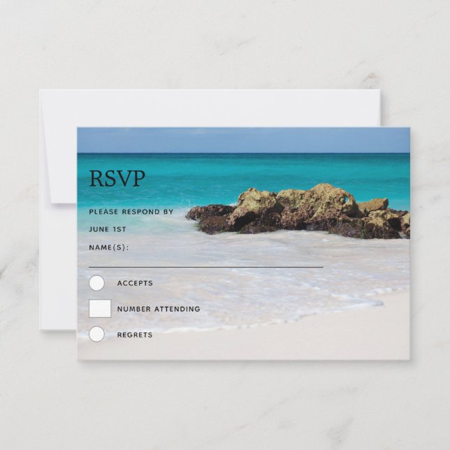 Azure Ocean Sandy Beach Photo Wedding RSVP Card (Front)