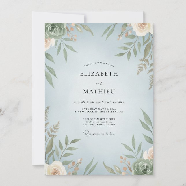 Azure Olive Leafy Wedding Invitation (Front)