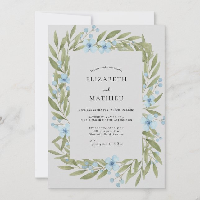 Azure Olive Wreath Wedding Invitation (Front)