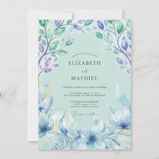 Azure Painted Leafy Wedding Invitation (Front)