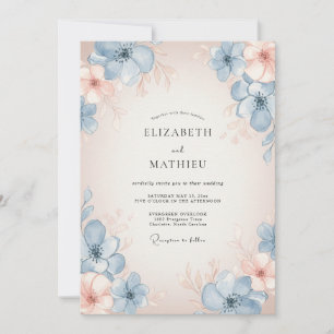 Azure Peach Watercolor Floral Wedding Invitation