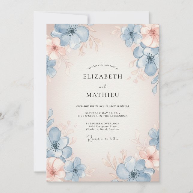 Azure Peach Watercolor Floral Wedding Invitation (Front)