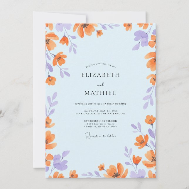 Azure Peach Wildflower Wedding Invitation (Front)
