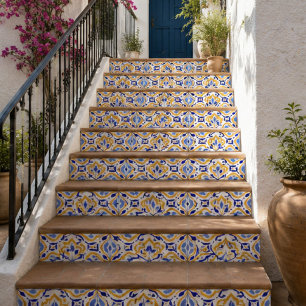 Azure Petal Elegant Blue and Gold Floral Mosaic Tile