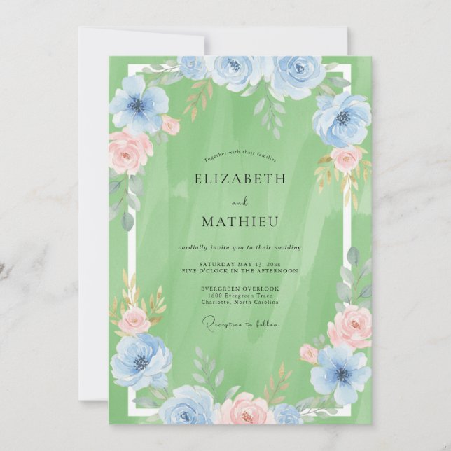 Azure Pistachio Leafy Wedding Invitation (Front)