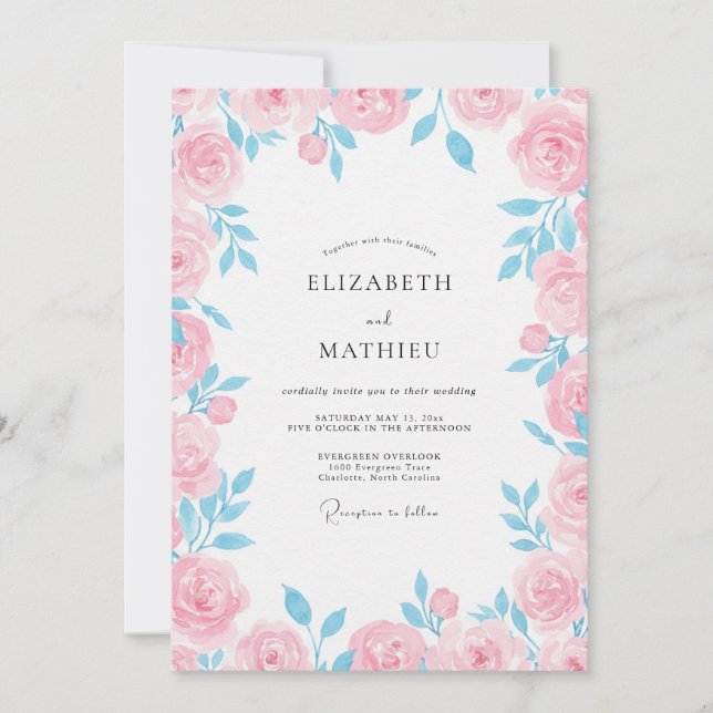 Azure Powder Soft Pink Petal Wedding Invitation (Front)